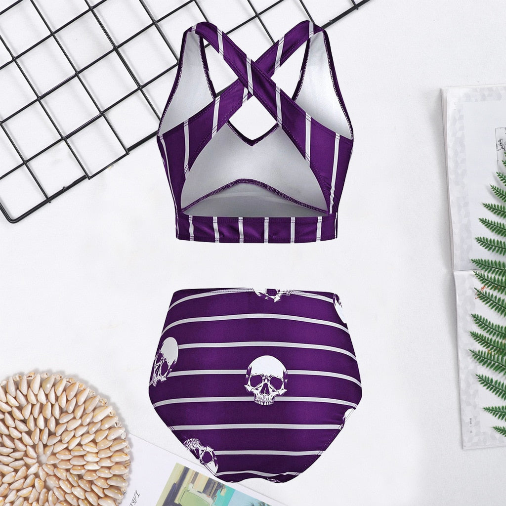 High Waisted Halter-Neck Bikini Set with Skull Print