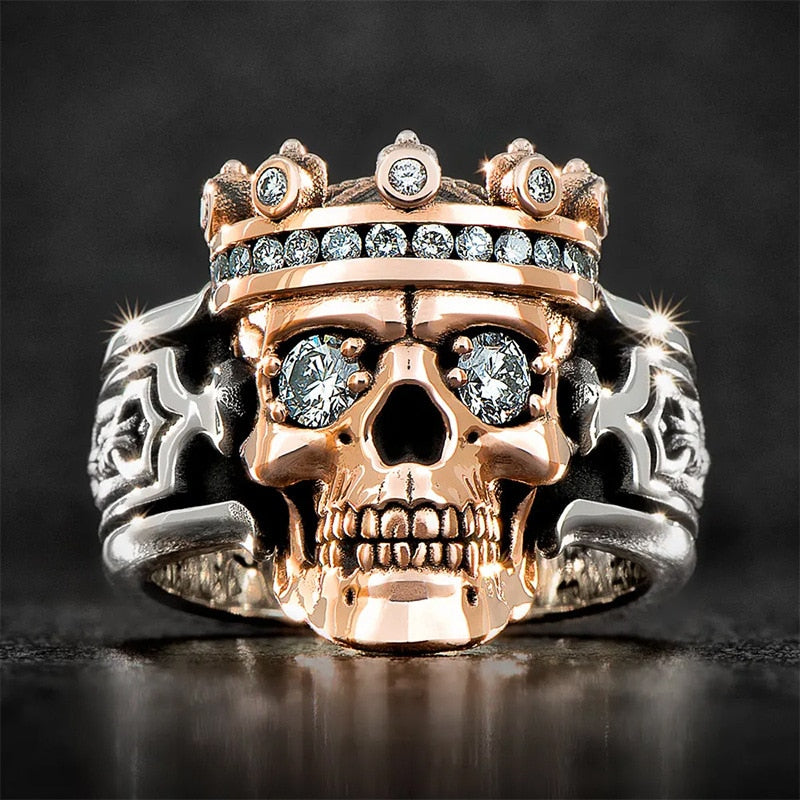 Vintage Two Tone Crown Skull Cocktail Ring for Men