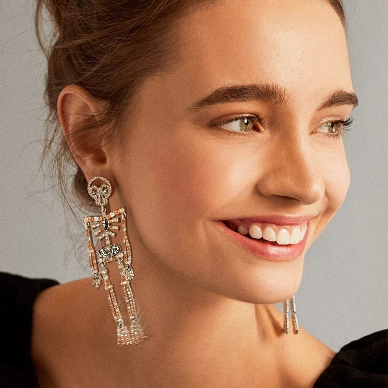 Handmade Luxury Rhinestone  Skeleton Dangle Drop Earrings
