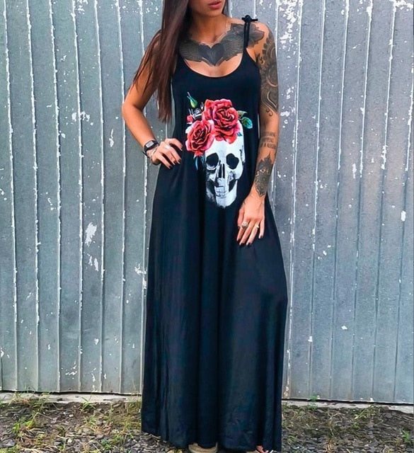 Loose Short Sleeve Full Length Skull Print Dress