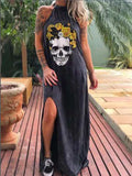 Loose Short Sleeve Full Length Skull Print Dress