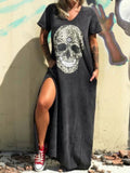 Loose Short Sleeve Full Length Skull Print Dress