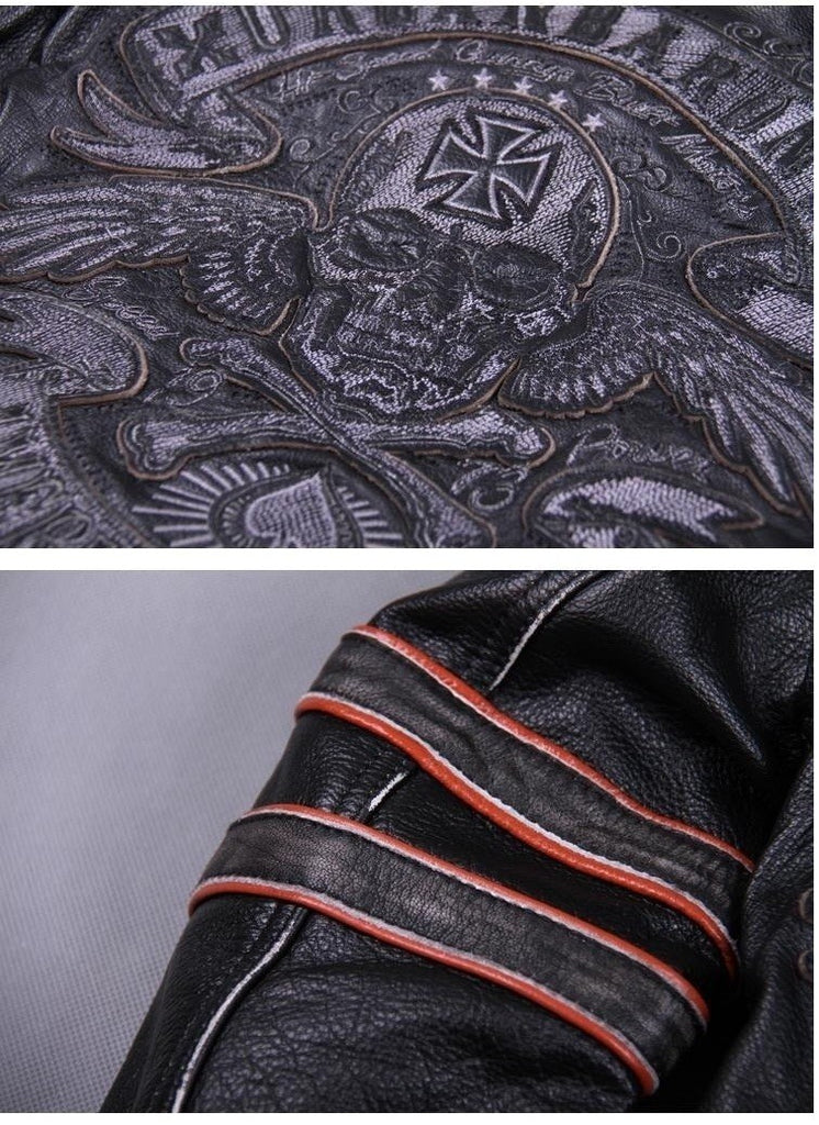 Men's Genuine Leather Coat with Tooled Skull Design