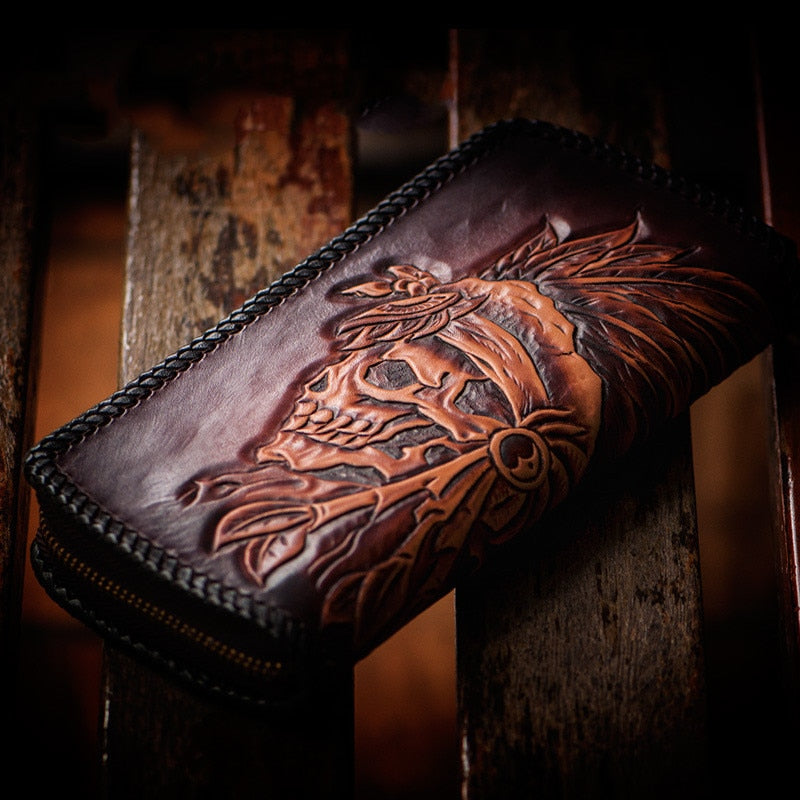High-grade Handmade Indian Skull  Tooled Wallet