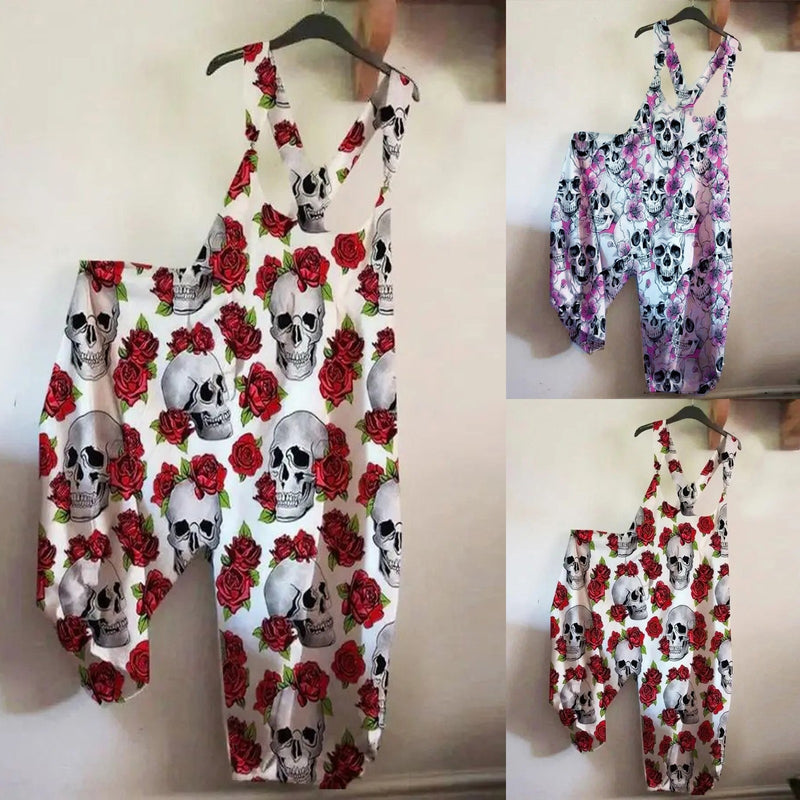 Women's Skull Rose Print Long Loose Overalls Plus Size