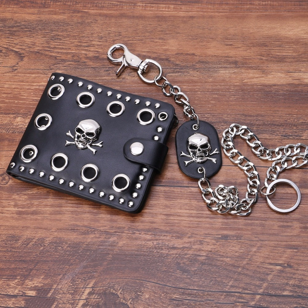 Skull Head Cross Black Leather Biker Hasp Wallet with Long Key Chain 48cm