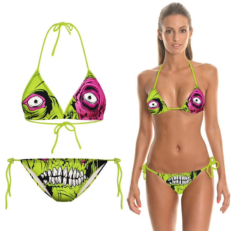 3D Green Skull Printed  Low Waisted Women's Bikini Set