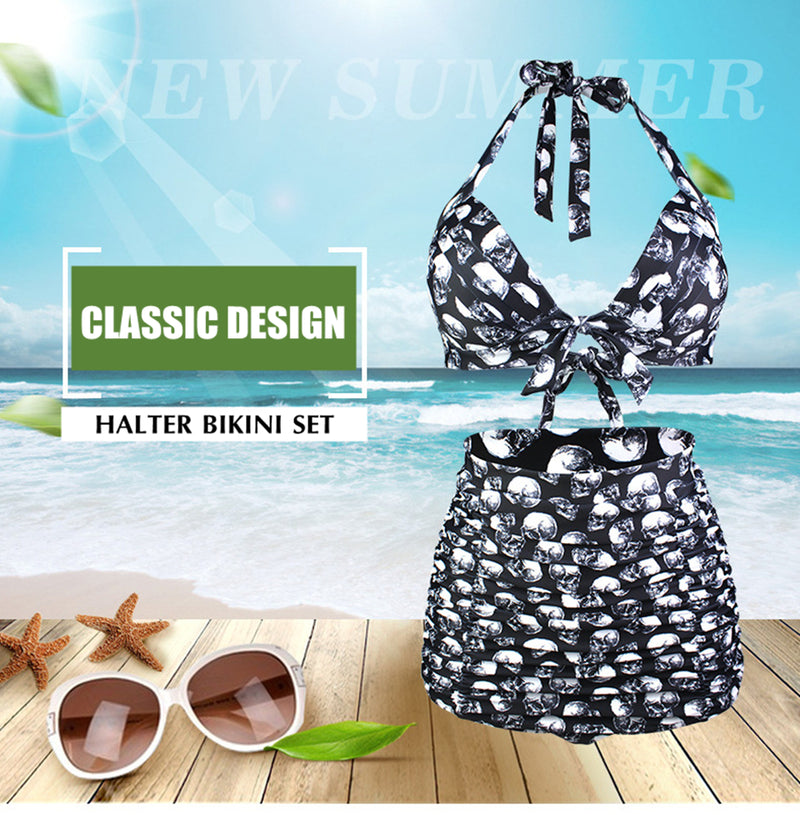 S-3XL Skulls Swimwear Plus Size Vintage High Waist Halter Bikini
