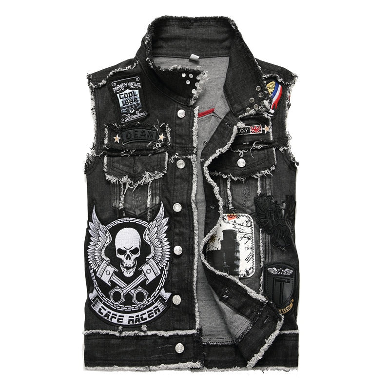 Skull Embroidery Sleeveless Denim Biker Jacket