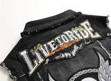 Skull Embroidery Sleeveless Denim Biker Jacket