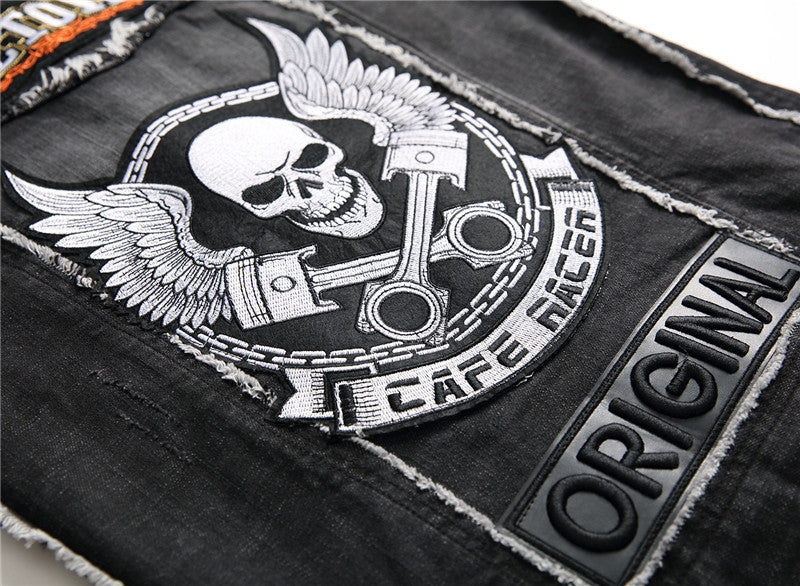Skull Embroidery Sleeveless Denim Biker Jacket