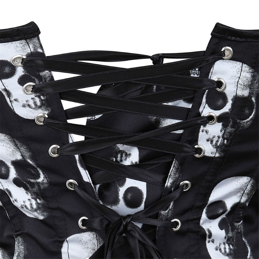 Gothic Skull Print Lace Up Boned Overbust Corset