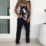 Skeleton & Black Cat Print Casual Sleeveless Pocket  Overalls