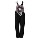 Skeleton & Black Cat Print Casual Sleeveless Pocket  Overalls