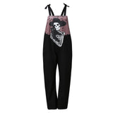 Skeleton & Black Cat Print Casual Sleeveless Pocket  Overalls
