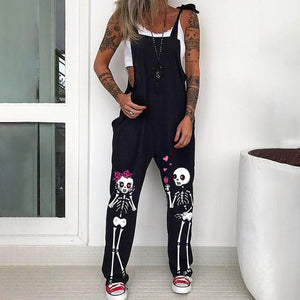Cheeky Skeleton Print Black Casual Loose Printed Overalls For Women