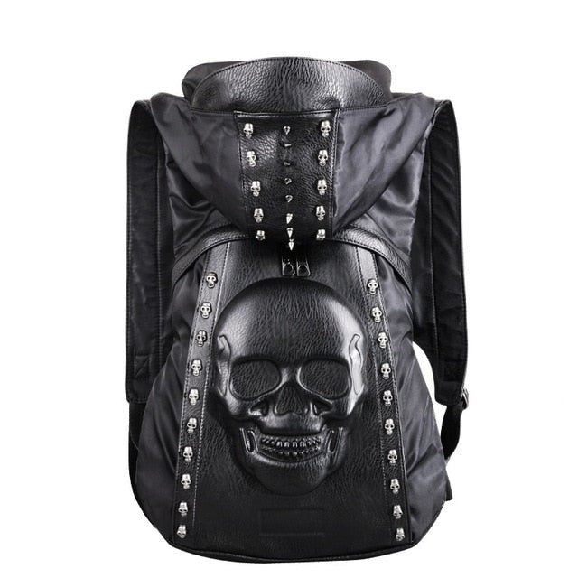 3D Skull Leather Backpack with Hood Cap