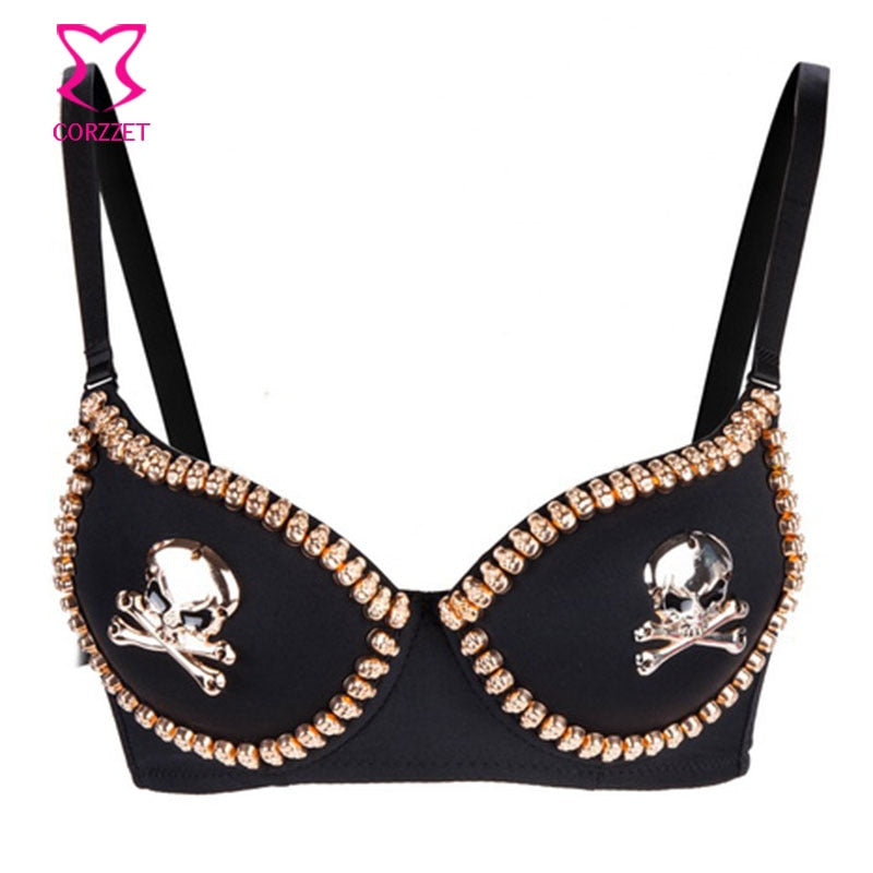 Black Gothic Bralette Gold Skull Stud Brassiere