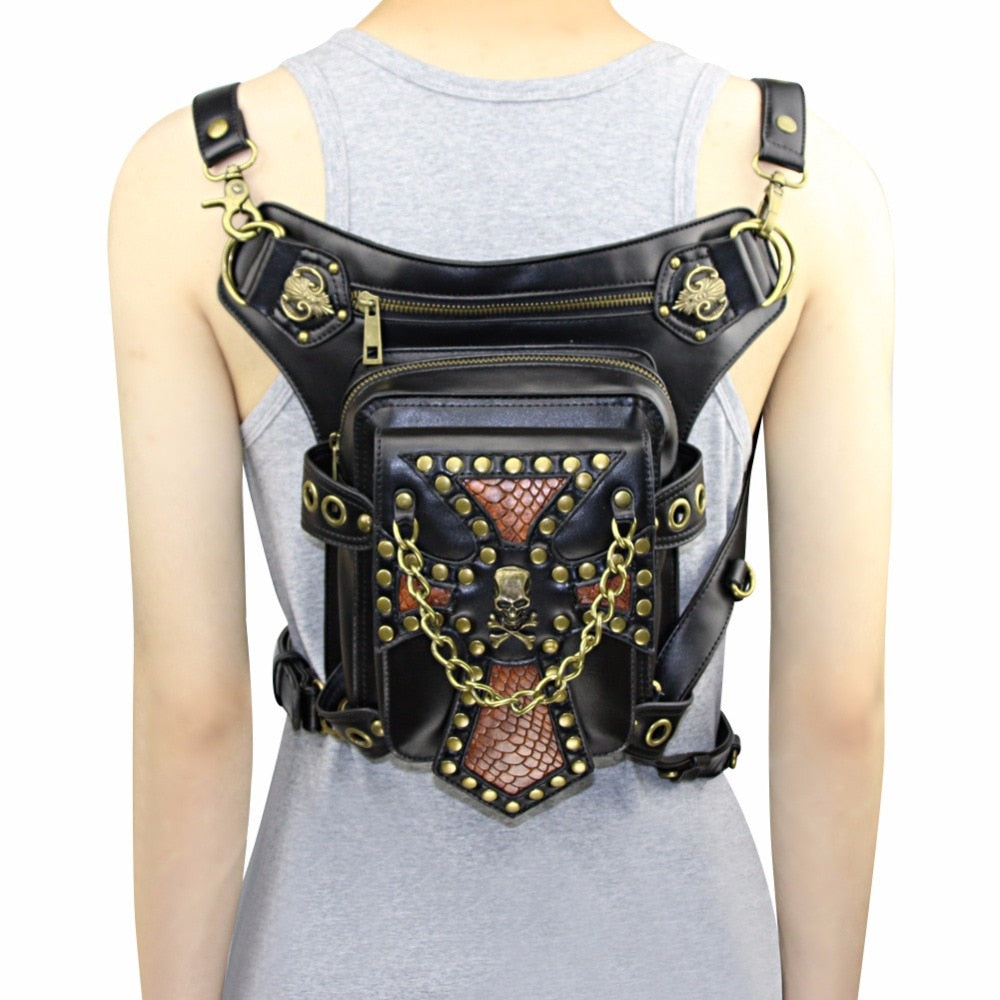 Black and Gold Gothic Skull Rivet Shoulder Waist Messenger Bag 