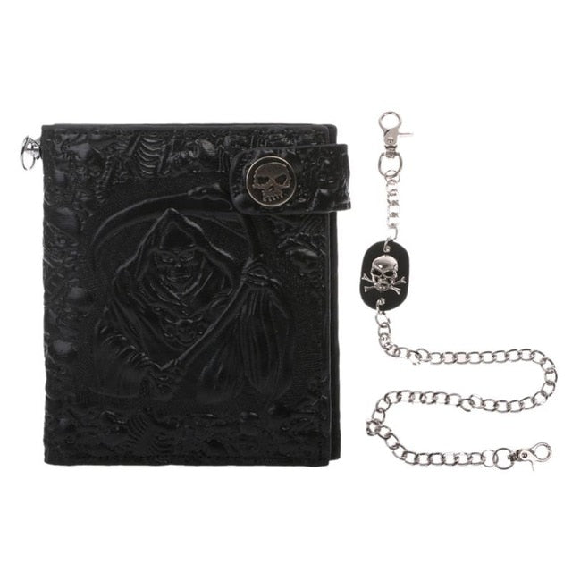 Vintage Skull Leather Wallet With Anti Theft Chain